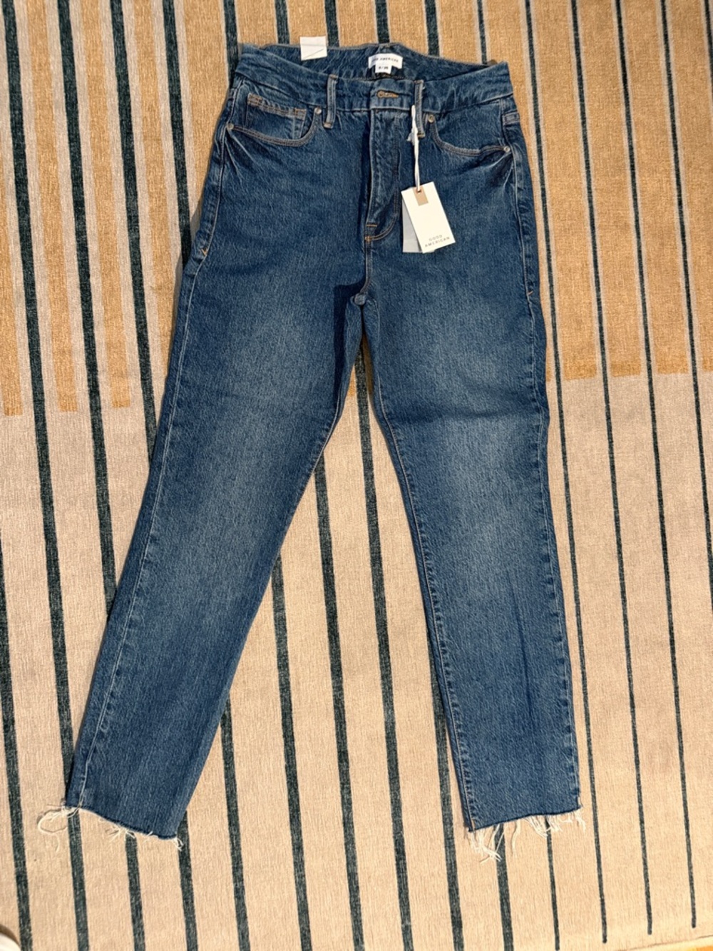 Good American High-Rise Straight Leg Jeans in Dark Blue Denim